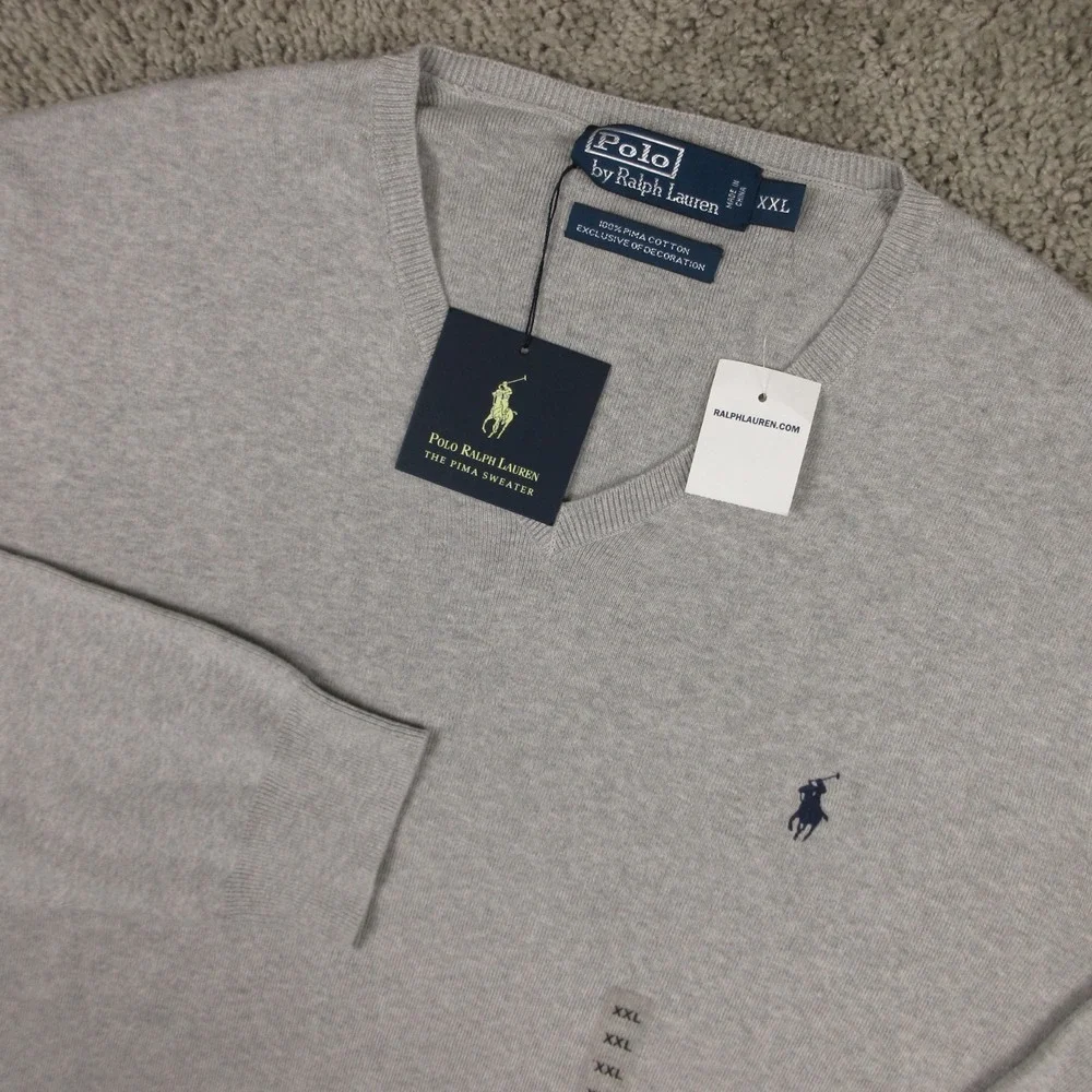 Polo Ralph Lauren Sweater Mens 2XL Gray Pima Cotton Knit V-Neck Pullover NEW